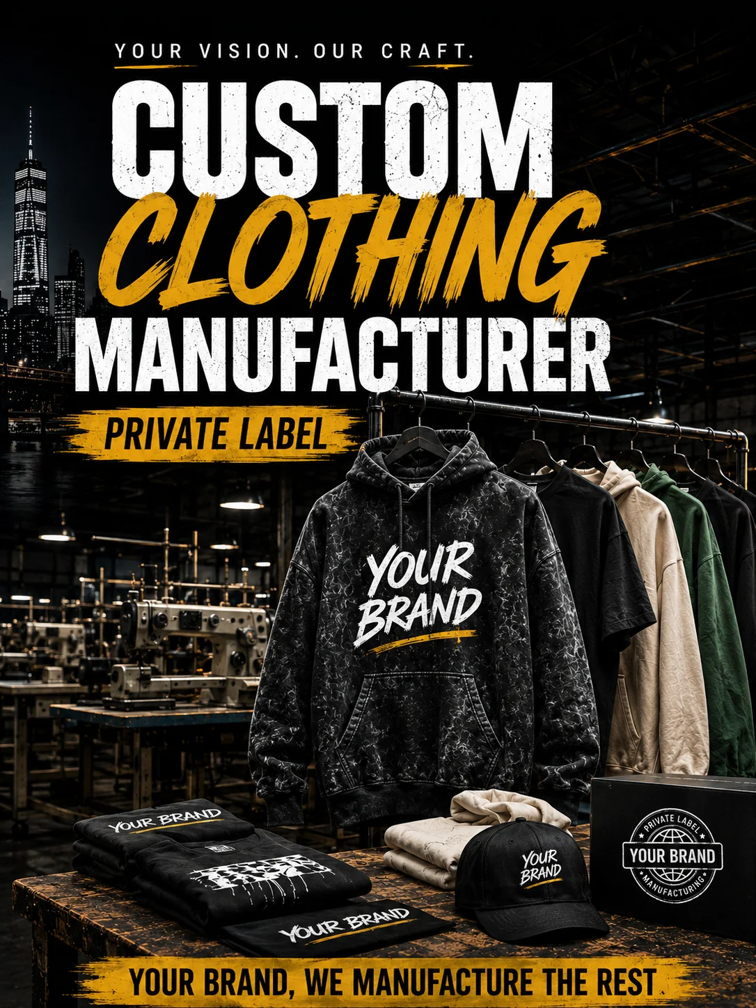 Streetwear Factory — custom clothing manufacturer. Premium quality with streetwear roots: fully custom, top-tier fabrics, private label and low minimum order quantities. Streetwear manufacturing, private label services, worldwide shipping.